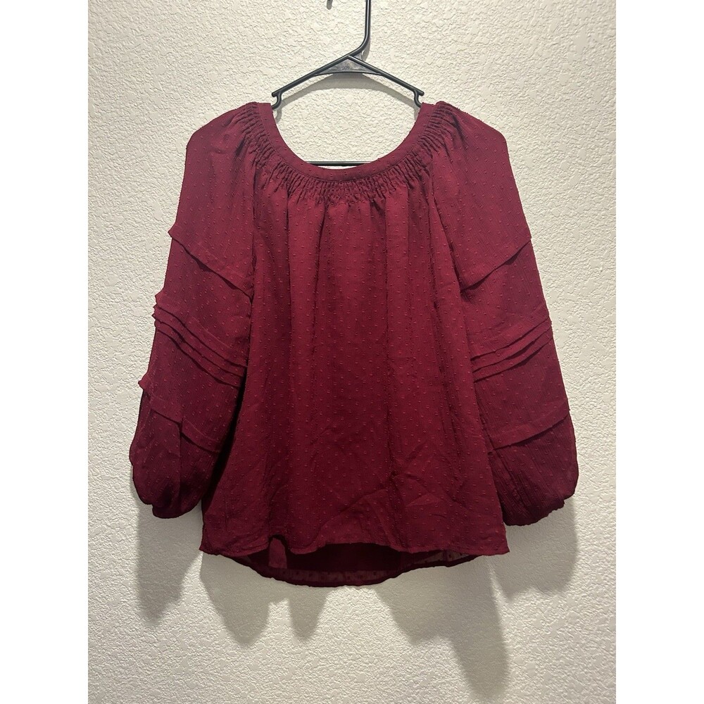 Loft Clip Pleated Balloon 3/4 Sleeve Women's Top Blouse Wine Red Size Medium